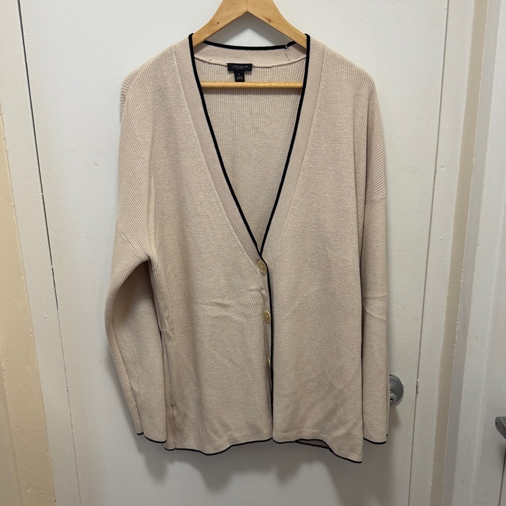 Ann Taylor Factory Beige Cardigan with Black Trim